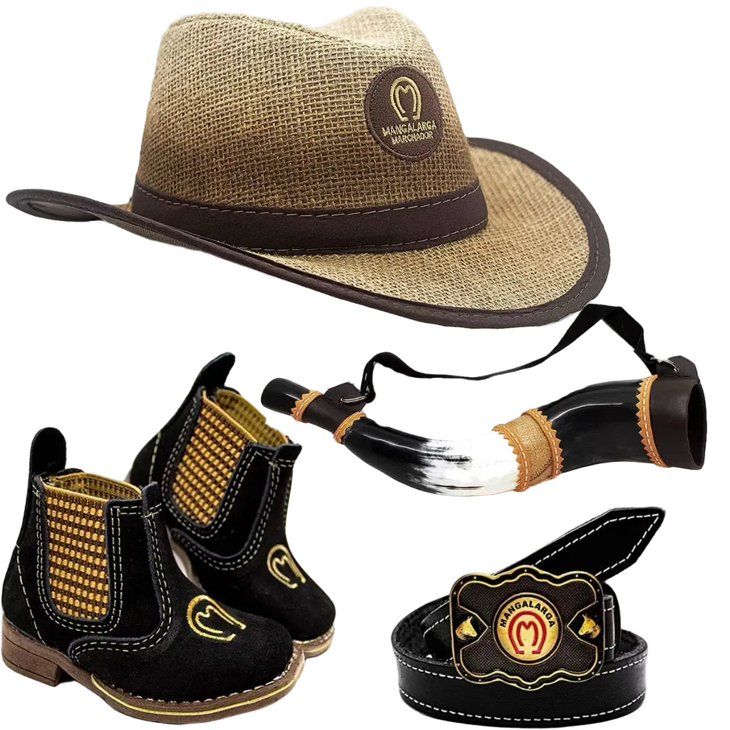 Kit Country Infantil Bota+Cinto+ Chapéu com Berrante de Brinde