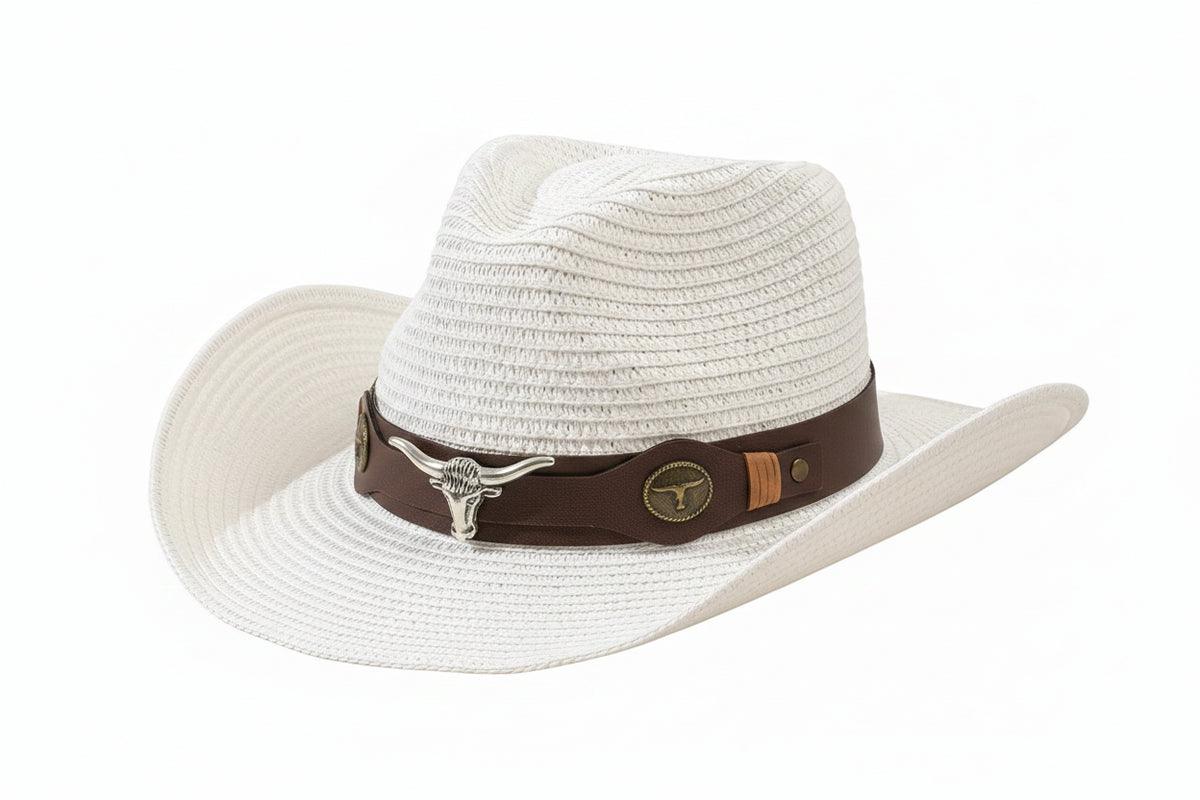 Chapéu Cowboy de Palha Vintage Unissex com Aba Larga