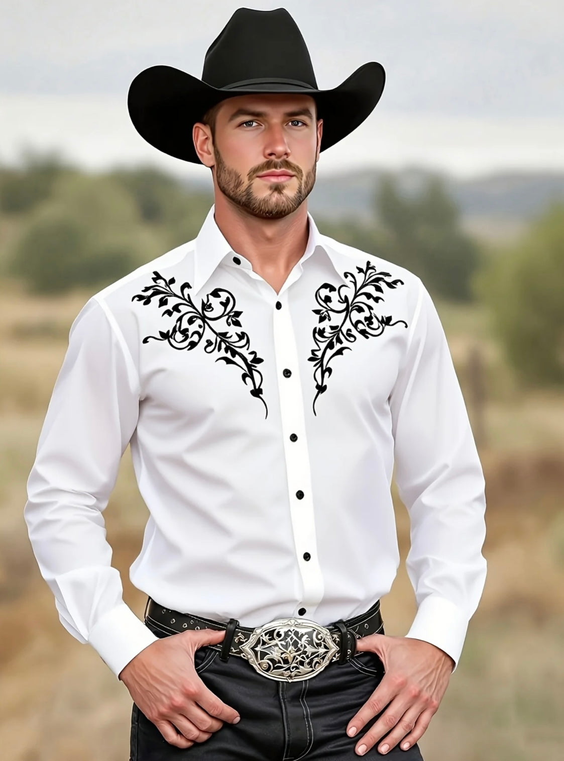 Camisa Masculina Cowboy Preta Manga Longa – Padrão Tribal