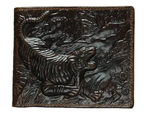 Carteira Masculina Retrô em Couro Genuíno com Estampa de Tigre