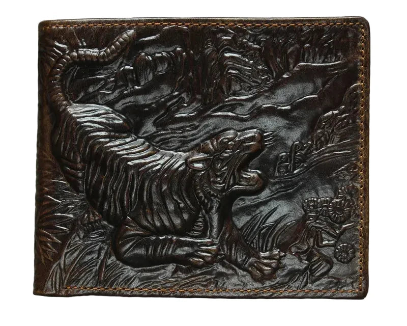 Carteira Masculina Retrô em Couro Genuíno com Estampa de Tigre