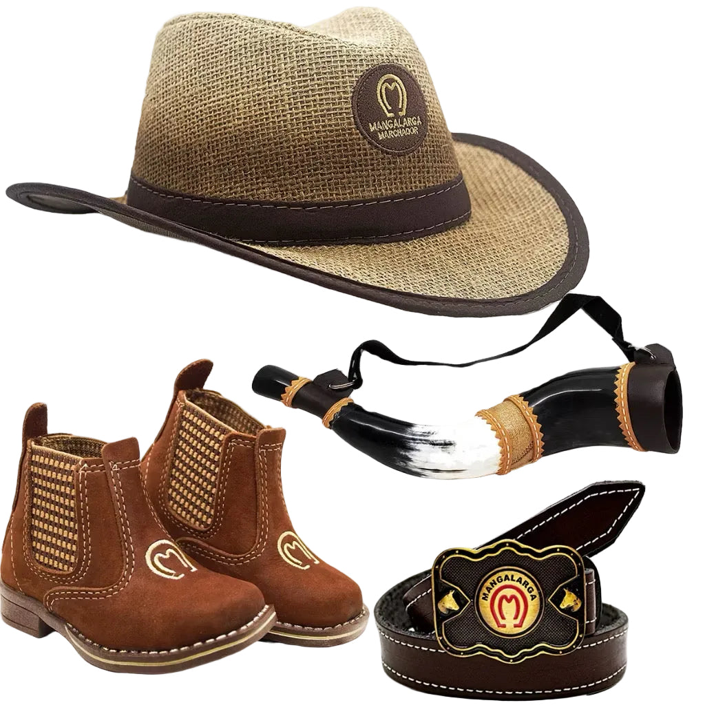 Kit Country Infantil Bota+Cinto+ Chapéu com Berrante de Brinde