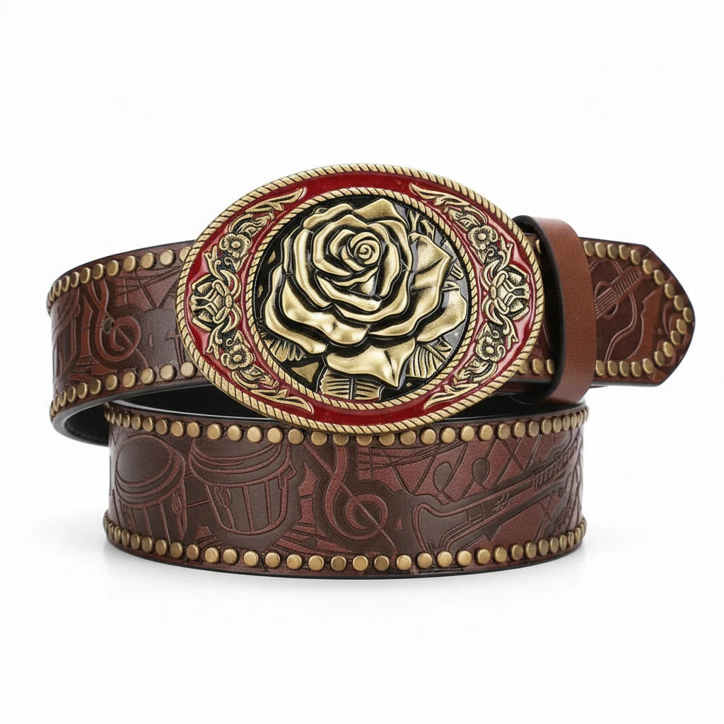 Cinto Cowboy Unissex Vintage com Fivela Floral