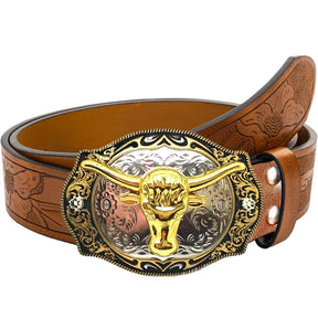 Cinto Masculino Western Retrô com Cabeça de Touro e Floral