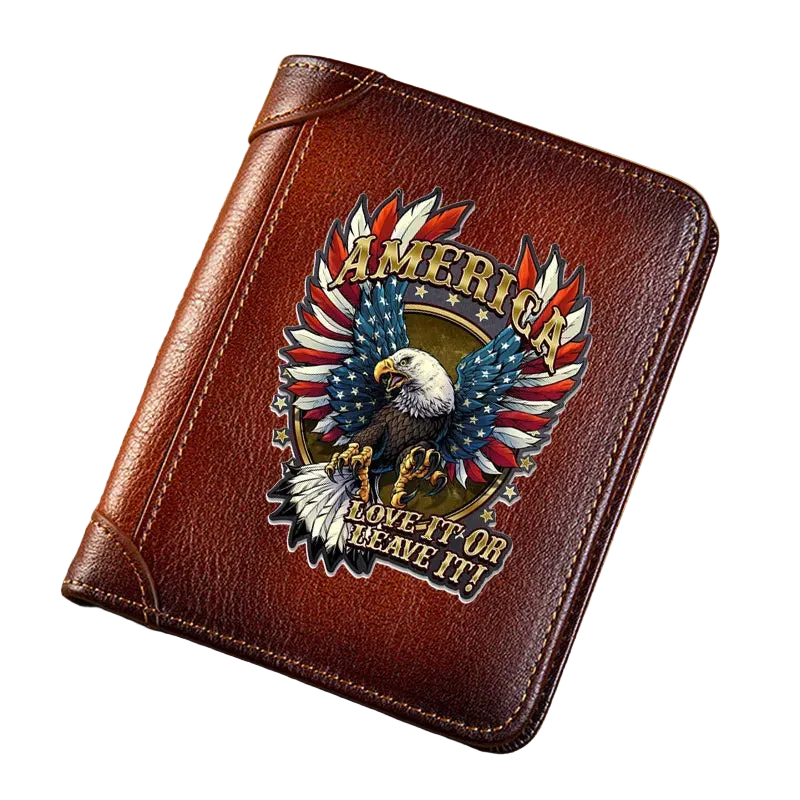 Carteira Masculina Trifold em Couro Genuíno com Design Águia Americana