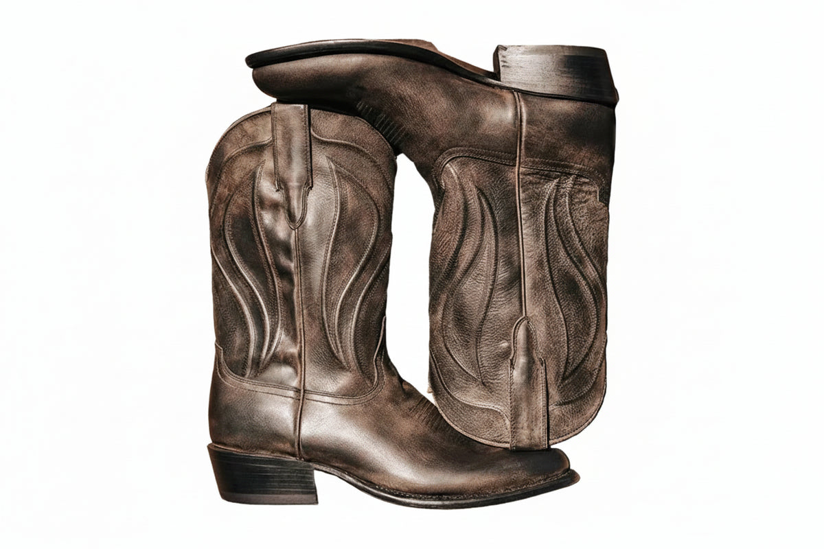 Bota Western Masculina Cowboy em Couro Legítimo, Cano Médio, Estilo Vintage