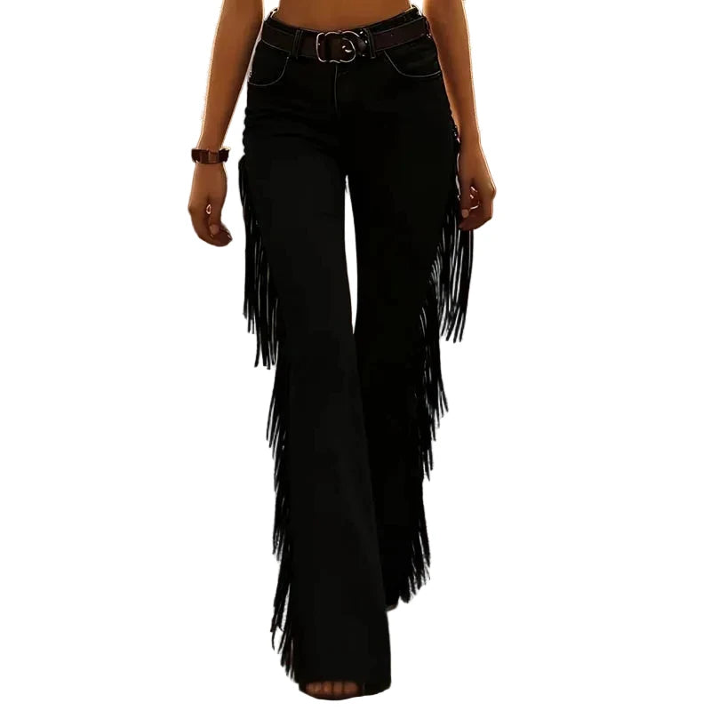 Calça Flare Estilo Western com Franjas