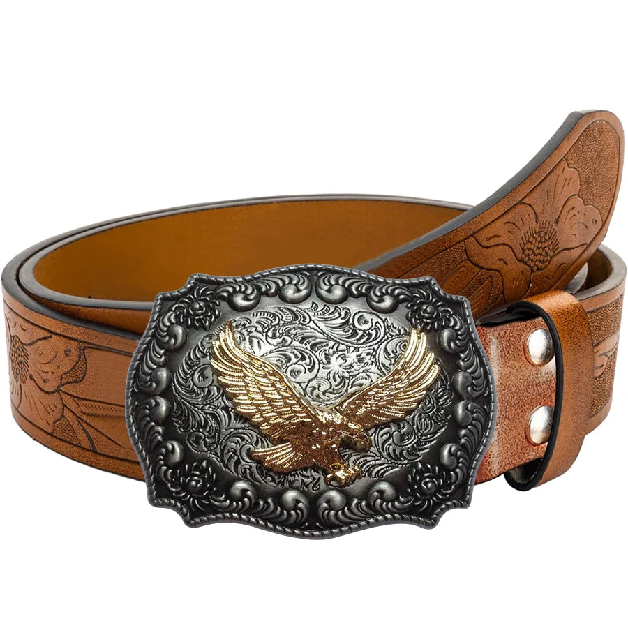 Cinto Masculino Western Retrô com Padrões de Águia e Floral