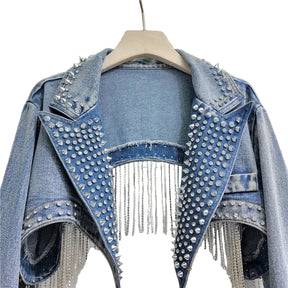 Jaqueta Jeans com Franjas de Strass