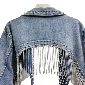 Jaqueta Jeans com Franjas de Strass