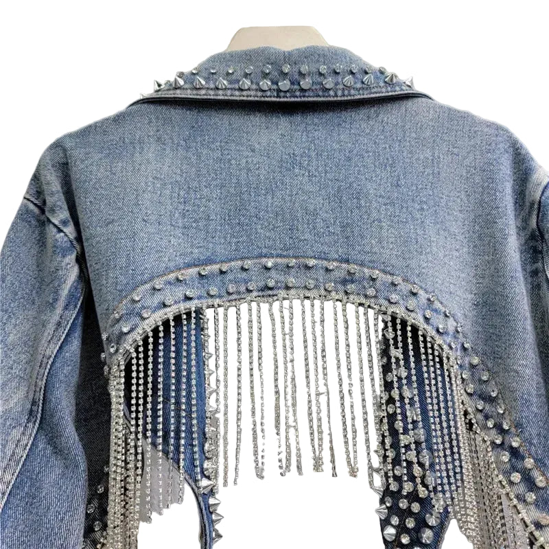 Jaqueta Jeans com Franjas de Strass