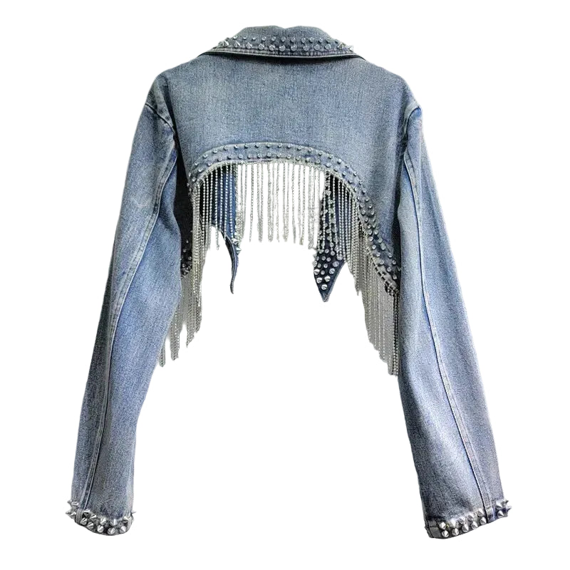 Jaqueta Jeans com Franjas de Strass