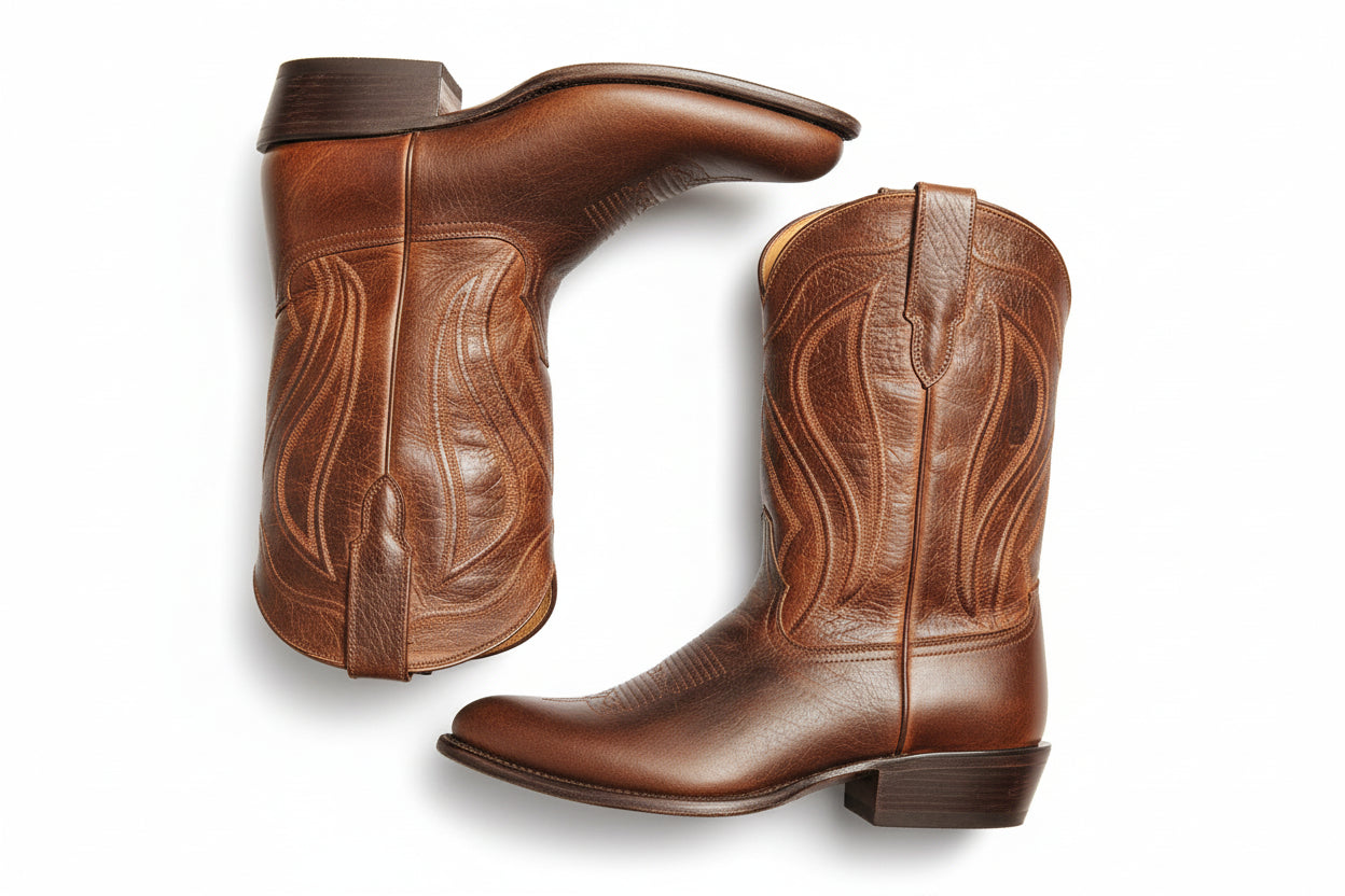 Bota Western Masculina Cowboy em Couro Legítimo, Cano Médio, Estilo Vintage