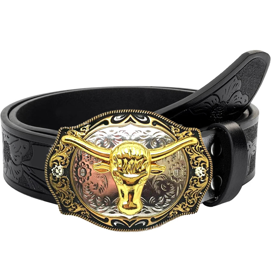 Cinto Masculino Western Retrô com Cabeça de Touro e Floral