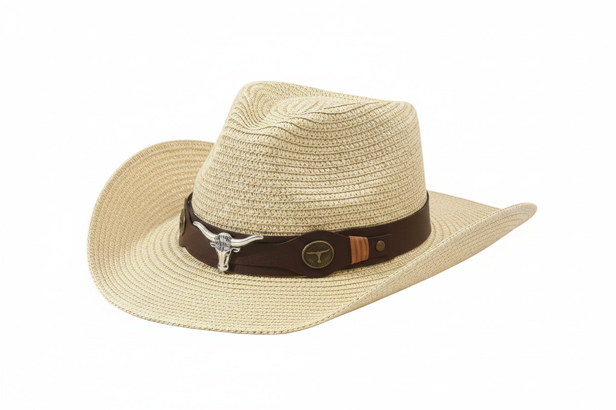 Chapéu Cowboy de Palha Vintage Unissex com Aba Larga