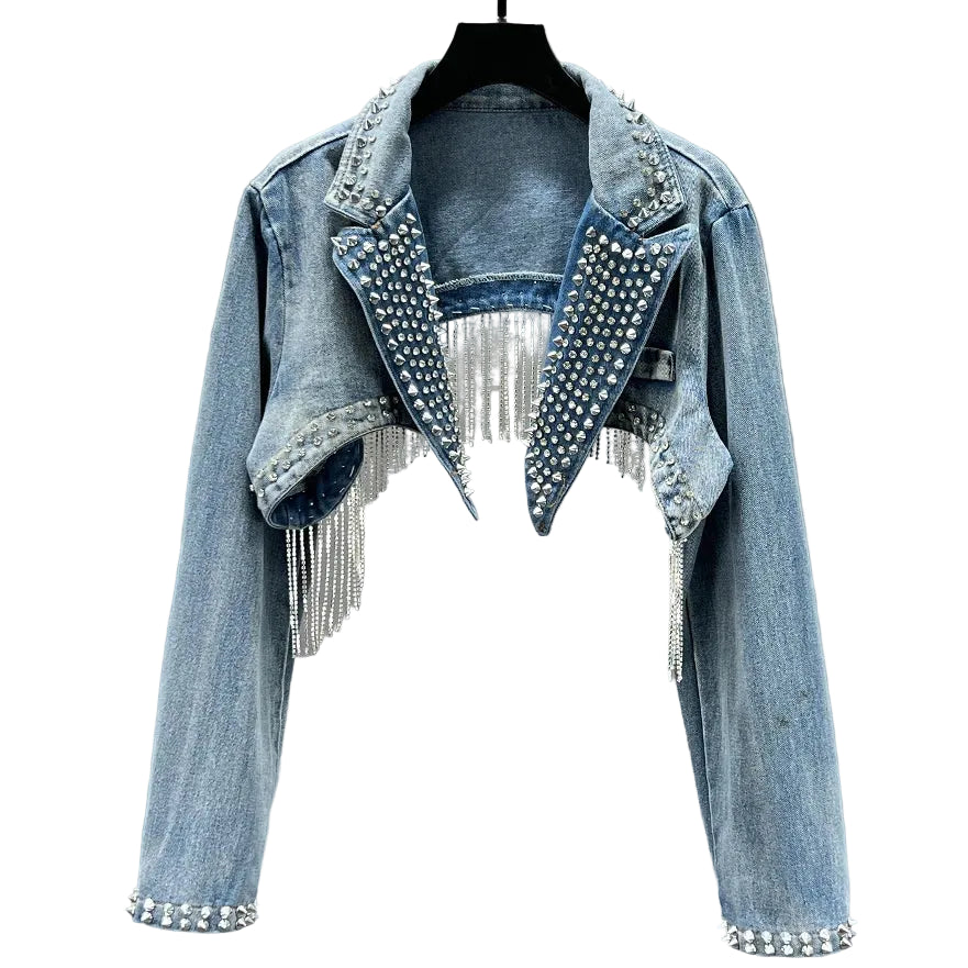 Jaqueta Jeans com Franjas de Strass